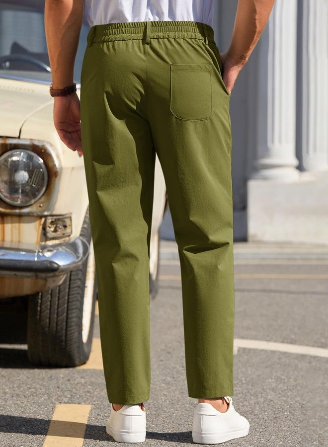 Runcati Mens Stretch Golf Pants Casual Slim Fit Dress Pants Elastic Waist Tapered Work Cropped Trousers Army Green - Image 3